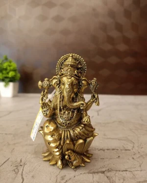 Brass Fine Art Ganesha Idol Sitting On Lotus Base 4 Inch for Home Décor & Pooja