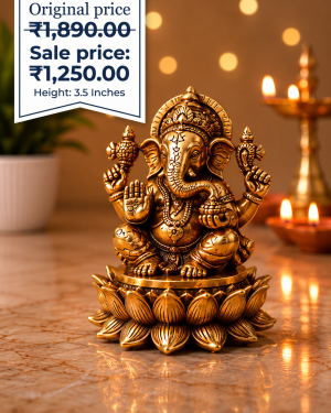 Brass Fine Art Ganesha Idol Sitting on Lotus Base 3.5 Inch – Traditional Vinayagar Statue for Pooja & Décor