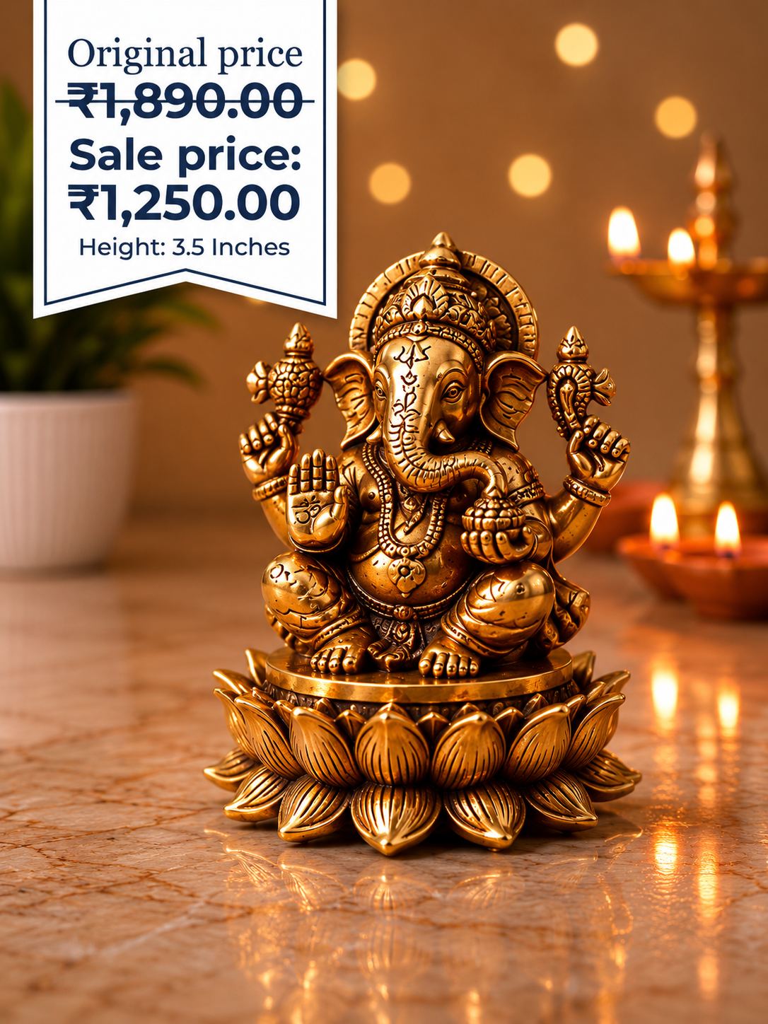 Brass Fine Art Ganesha Idol Sitting on Lotus Base 3.5 Inch – Traditional Vinayagar Statue for Pooja & Décor