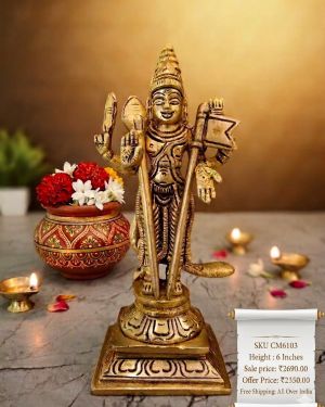 Premium 6 Inch Brass Murugan Idol for Home Pooja | Lord Subramanya Swamy & Kartikeya Statue | Divine Brass Murti for Temple & Gift