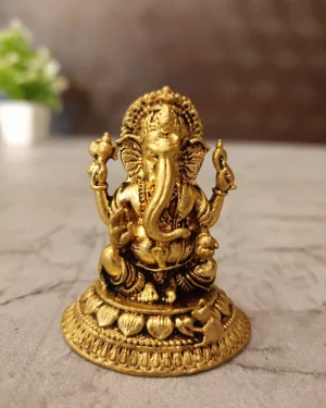 Brass Miniature Fine Art Lotus Ganesha Statue 2 Inch – Handcrafted Brass Ganesh Idol for Home Décor & Puja