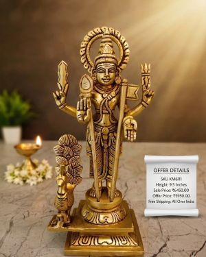 Brass Murugan Idol 9.5 Inch for Home Temple | Lord Murugan (Subramanya) Brass Statue for Pooja, Spiritual Decor & Gifting
