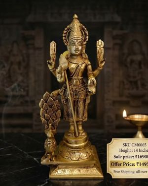 Traditional Brass Murugan Idol with Peacock 14 Inch | Antique Finish Murugan Statue for Spiritual Décor & Gifting