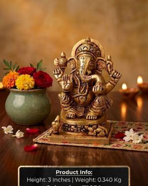 Antique Brass Ganesha Idol with Square Base 3 Inch – Decorative Vinayagar Statue for Pooja