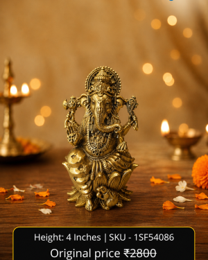 Brass Fine Art Ganesha Idol Sitting On Lotus Base 4 Inch for Home Décor & Pooja