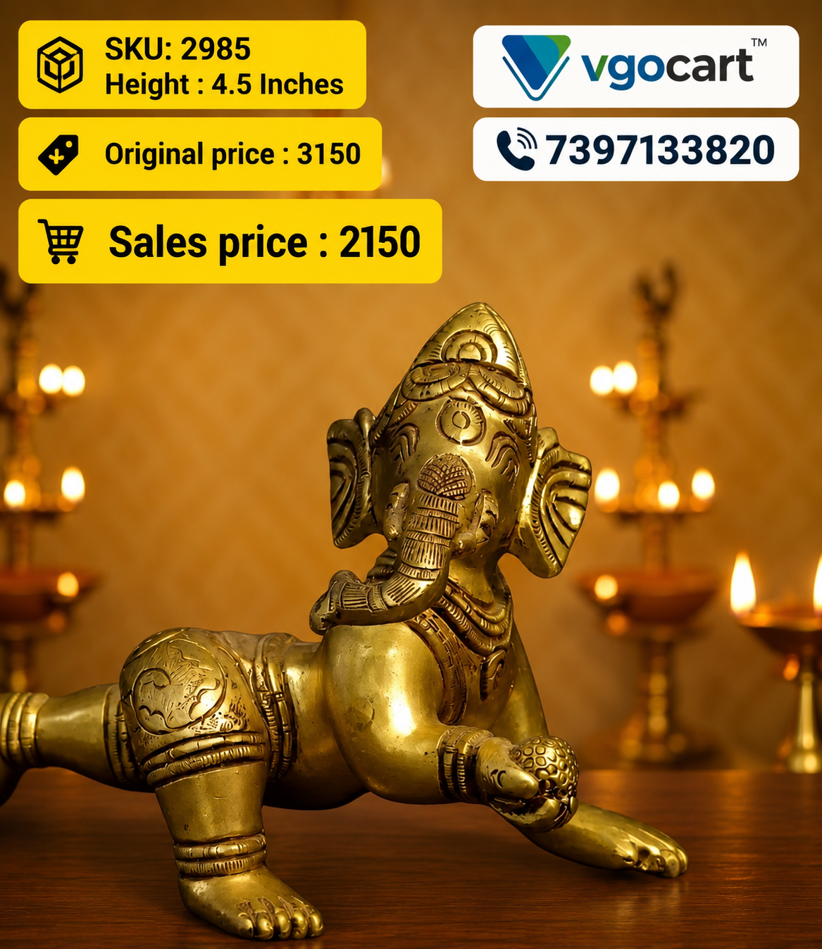 Brass Crawling Baby Ganesha Idol 4.5 Inch – Handcrafted Brass Bal Ganesha Statue for Home Temple, Pooja, Décor & Gifting