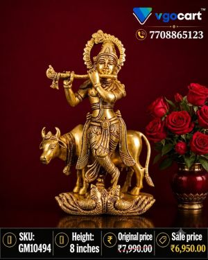 Brass Cow Krishna Idol 8 Inch | Handmade Lord Krishna with Cow Statue for Pooja & Home Décor