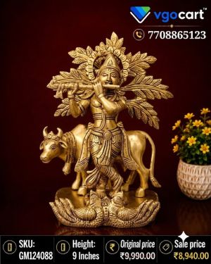 Brass Cow Krishna Tree Idol 9 Inch | Handmade Lord Krishna with Cow Brass Statue for Pooja & Décor
