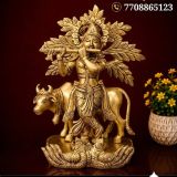 Brass Cow Krishna Tree Idol 9 Inch