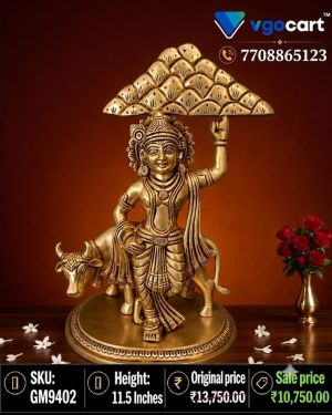 Brass Cow Krishna with Govardhan Mountain Idol 11.5 Inch – Handmade Antique Brass Lord Krishna Statue for Home Temple & Spiritual Décor