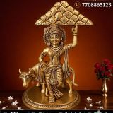 Brass Cow Krishna with Govardhan Mountain Idol 11.5 Inch