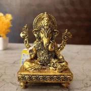 Brass Fine Art Ganesha Idol Sitting on Chowki Stand 4 Inch – Antique Brass Lord Ganesha Statue for Home Décor, Pooja Room & Gifting