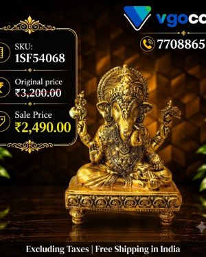 Brass Fine Art Ganesha Idol Sitting on Chowki Stand 4 Inch – Antique Brass Lord Ganesha Statue for Home Décor, Pooja Room & Gifting
