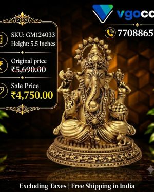 Brass Fine Art Ganesha Sitting On Oval Base Statue 5.5 Inch – Premium Handcrafted Lord Ganesha Idol for Pooja Room, Home Décor & Gifting