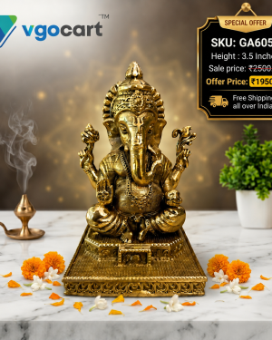 Brass Fine Art Ganesha on Square Base 3.5 Inch | Antique Brass Ganpati Idol for Pooja & Home Decor
