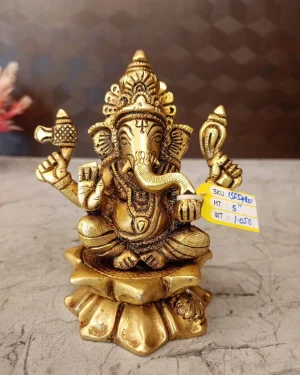 Brass Ganesha Idol Sitting on Lotus Base 5 Inch – Premium Brass Lord Ganesha Statue for Pooja Room, Home Décor & Gifting