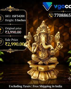 Brass Ganesha Idol Sitting on Lotus Base 5 Inch – Premium Brass Lord Ganesha Statue for Pooja Room, Home Décor & Gifting