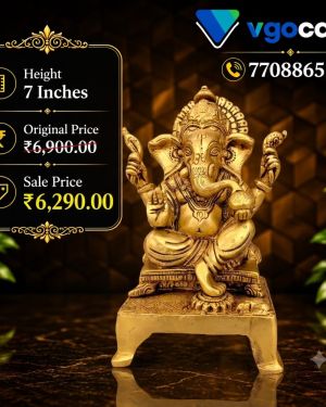 Handcrafted Brass Ganesha Idol with Chowki Stand 7 Inch | Antique Finish Ganesh Statue for Home Temple & Décor