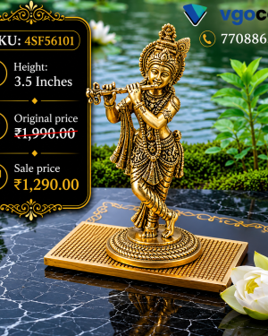 Premium Brass Fine Art Krishna Idol 3.5 Inches – Handcrafted Lord Krishna Brass Statue for Home, Pooja Room & Spiritual Decor