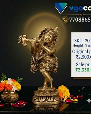 Brass Krishna Standing on Lotus Base Antique Idol 9 Inch – Elegant Lord Krishna Murti for Puja & Home Decor