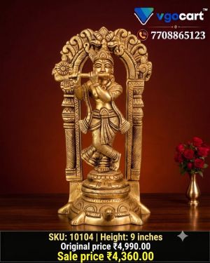Brass Krishna Tortoise Idol 9 Inch – Handcrafted Brass Lord Krishna Statue for Home Temple, Pooja Room & Spiritual Décor