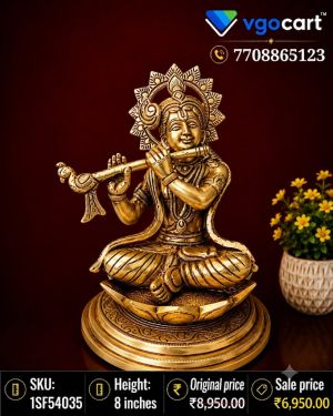 Brass Krishna on Lotus Idol 8 Inch | Handmade Lord Krishna Brass Statue for Pooja & Home Décor