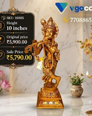 Premium Brass Krishna with Floral Base Idol 10 Inch – Handcrafted Lord Krishna Statue for Home Temple & Spiritual Décor