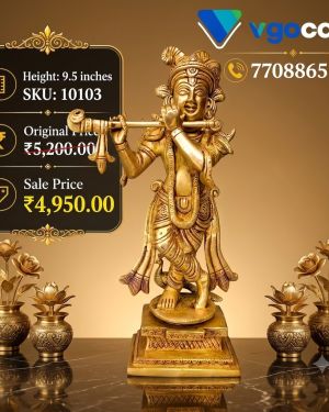 Brass Krishna with Square and Round Base 9.5 Inch | Antique Finish Lord Krishna Idol for Pooja & Home Décor