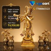 Brass Krishna with Square and Round Base 9.5 Inch | Antique Finish Lord Krishna Idol for Pooja & Home Décor