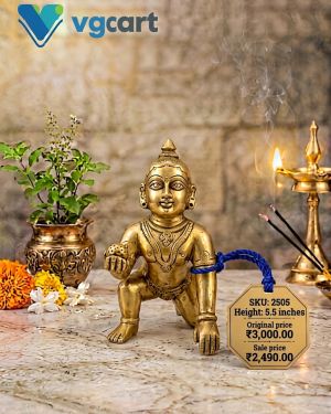 Premium Brass Laddu Gopal Statue 5.5 Inches – Handcrafted Bal Krishna Brass Idol for Pooja, Home Temple & Gifting