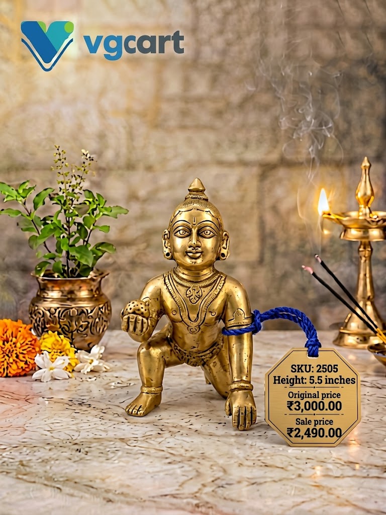 Premium Brass Laddu Gopal Statue 5.5 Inches – Handcrafted Bal Krishna Brass Idol for Pooja, Home Temple & Gifting