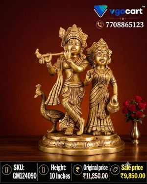 Brass Radha Krishna Peacock Idol 10 Inch | Handcrafted Radha Krishna Brass Statue for Home Temple & Décor
