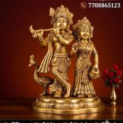 Brass Radha Krishna Peacock Idol 10 Inch | Handcrafted Radha Krishna Brass Statue for Home Temple & Décor