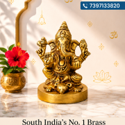 Brass Round Base Ganesha Idol Sitting on Rat 4.5 Inch