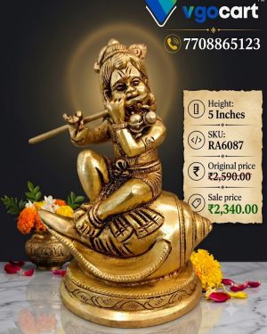 Brass Sangu Krishna Idol 5 Inch – Sacred Lord Krishna Statue for Home Temple & Spiritual Decor