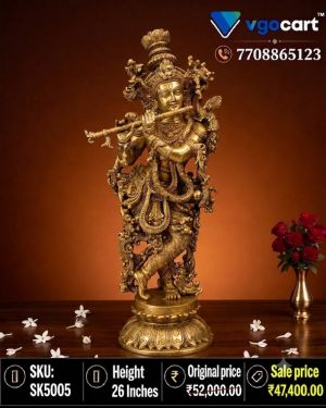 Brass Super Fine Krishna Idol 26 Inch – Handmade Premium Brass Lord Krishna Statue for Home Temple, Pooja Room, Living Room & Luxury Home Décor