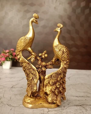 Brass Two Peacock on Tree Statue 7 Inch | Handmade Antique Brass Peacock Showpiece for Home Décor, Living Room, Vastu & Luxury Gift