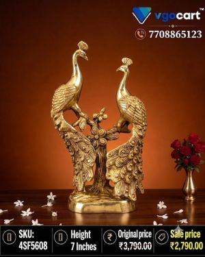 Brass Two Peacock on Tree Statue 7 Inch | Handmade Antique Brass Peacock Showpiece for Home Décor, Living Room, Vastu & Luxury Gift
