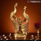 Brass Two Peacock on Tree Statue 7 Inch