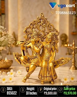 Brass Radha Krishna Idol Sitting Designer Sofa 10 Inch – Premium Handmade Brass Statue for Home Decor & Pooja