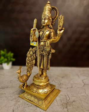 Brass Murugan With Peacock On Square Base – 14.5”