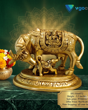 Brass Gomatha With Lakshmi & Ganesh – 5.5”