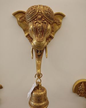 Brass Elephant Head With Bell Wall Mount – 13”