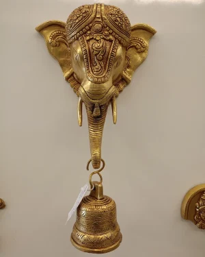 Brass Elephant Head With Bell Wall Mount 15″