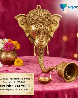 Brass Elephant Head With Bell Wall Mount 15″