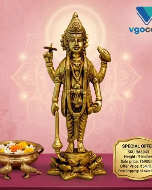 Brass Vishnu Standing On Lotus Idol 9″
