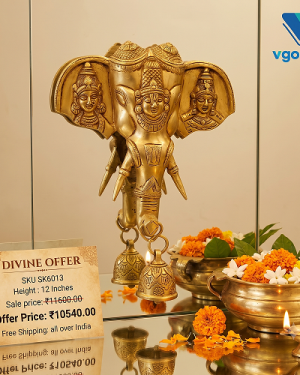 Brass Elephant Face With Perumal Wall Mount – 12”